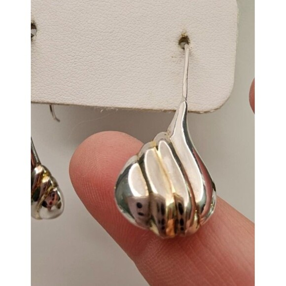 925 Ribbed with Gold Puffy Tear Drop Threader Style Earrings 1 5/8"Lx1/2"W - Picture 4 of 9